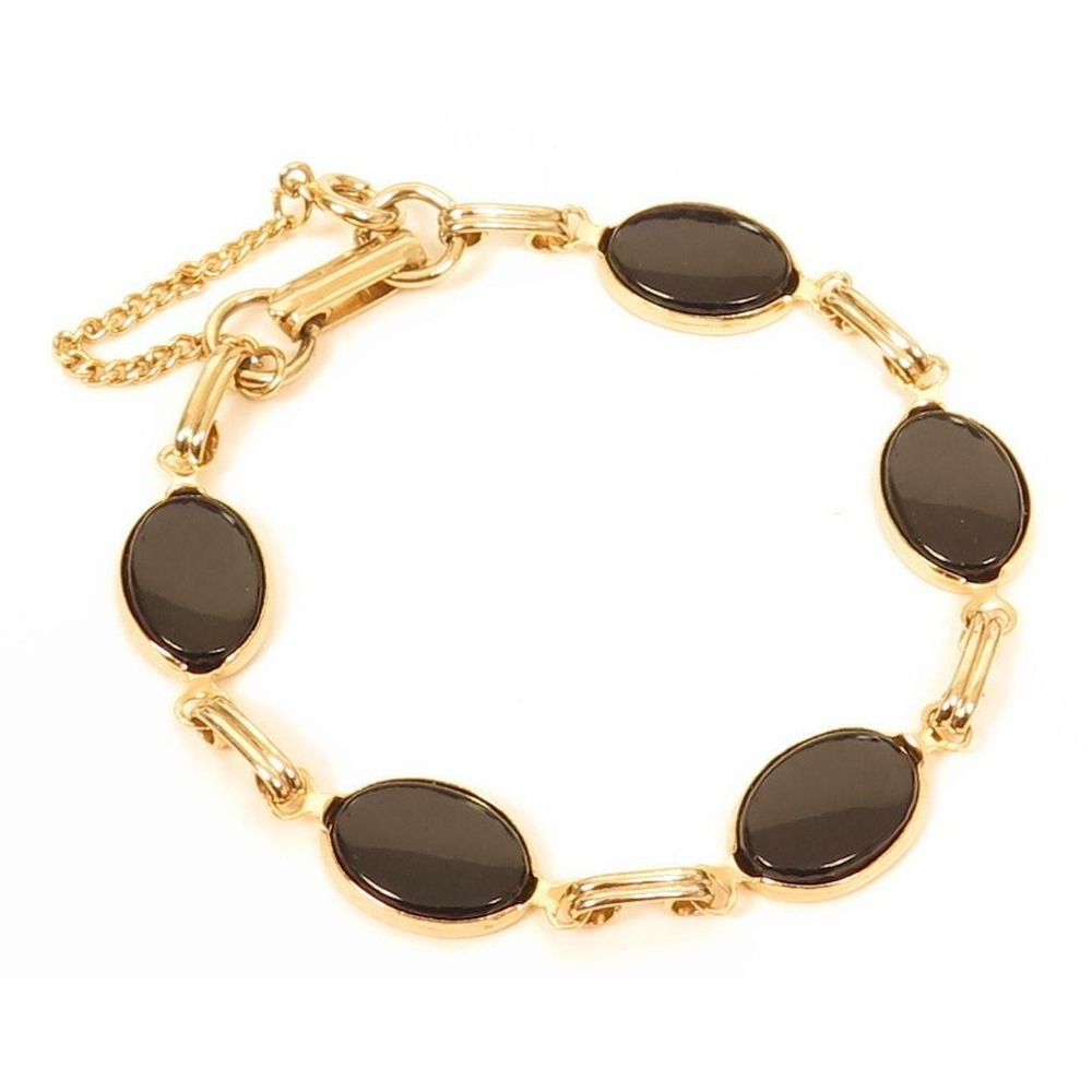 Vintage Black Glass Bezel Set Cab Gold Plated Chain Linked Bracelet*7-1/4"โ